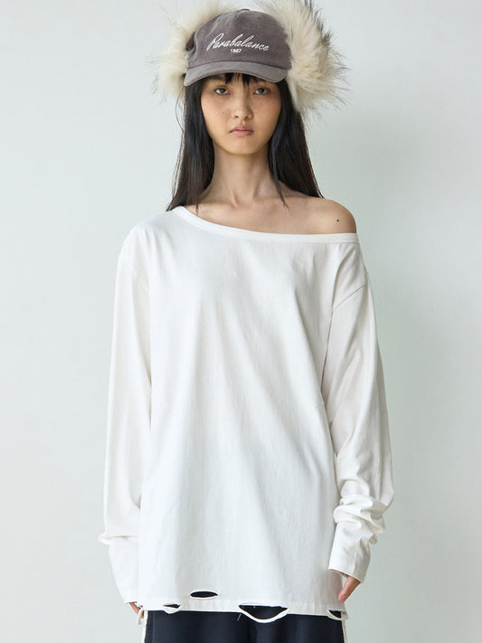 One Shoulder Distressed T-Shirts [White]