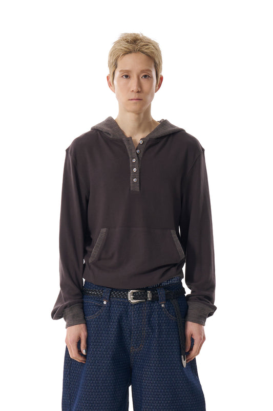 Contrast Logo Button Hoodie (Brown)