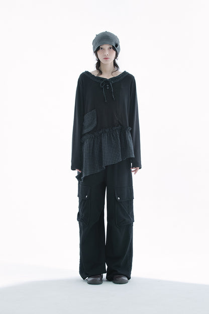 Check shirts layered knit top (Black)