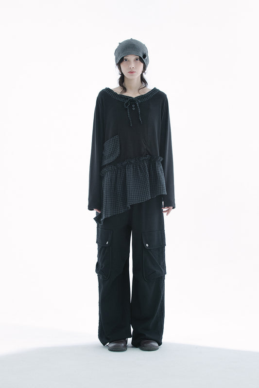 Check shirts layered knit top (Black)