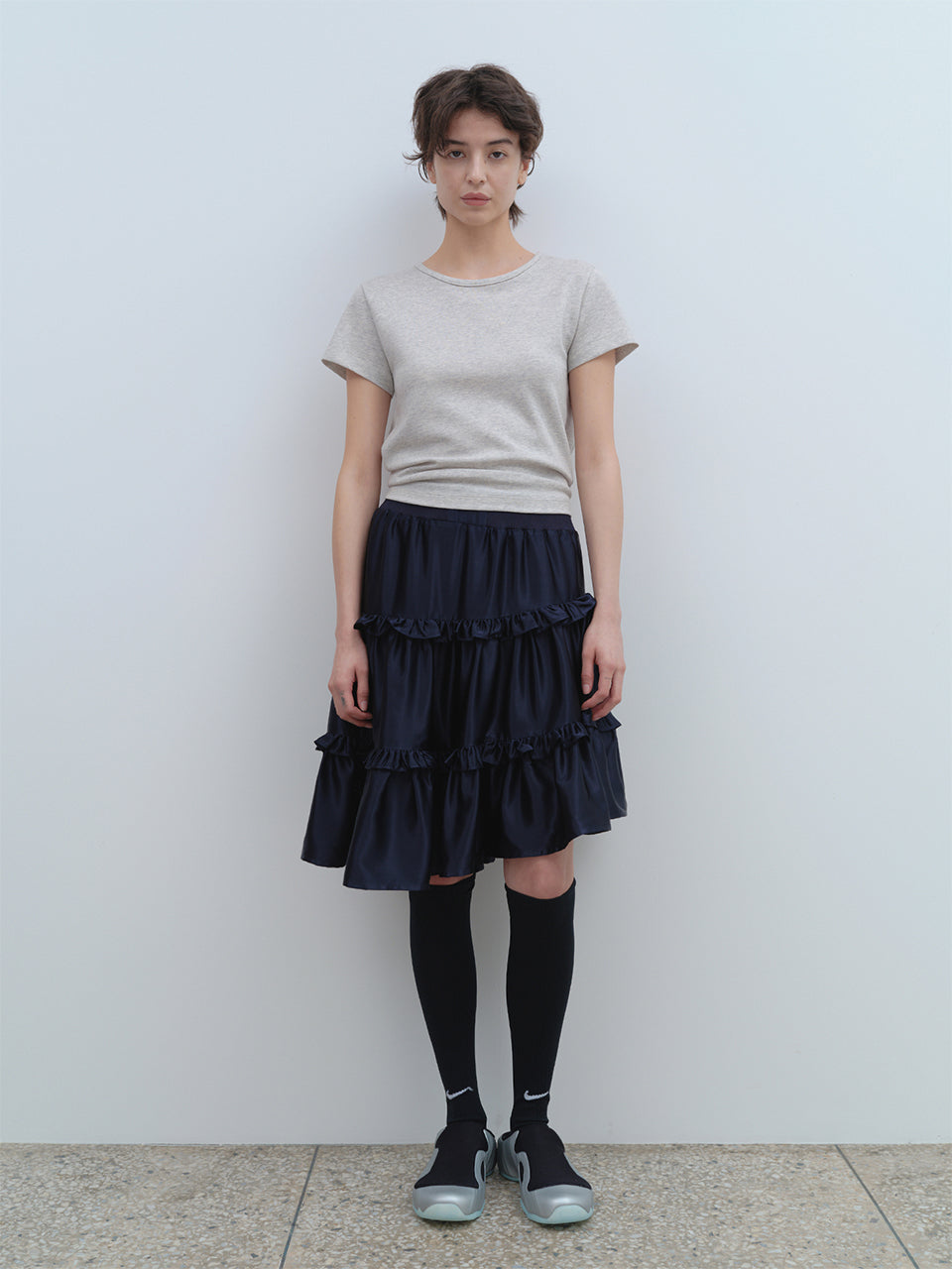 Ruffle Satin Midi Skirt [Navy]