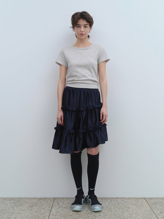 Ruffle Satin Midi Skirt [Navy]