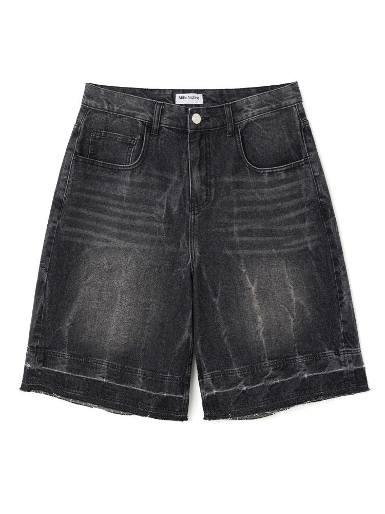 Layer Washed Denim Bermuda Pants [Washed Black]