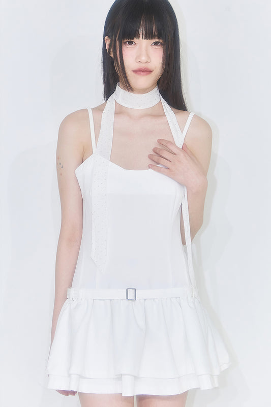 Stripe Colored Ruffle One-Piece Dress White