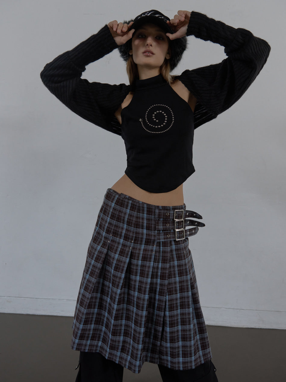 CHECK BUCKLE WRAP SKIRT / BABY BLUE