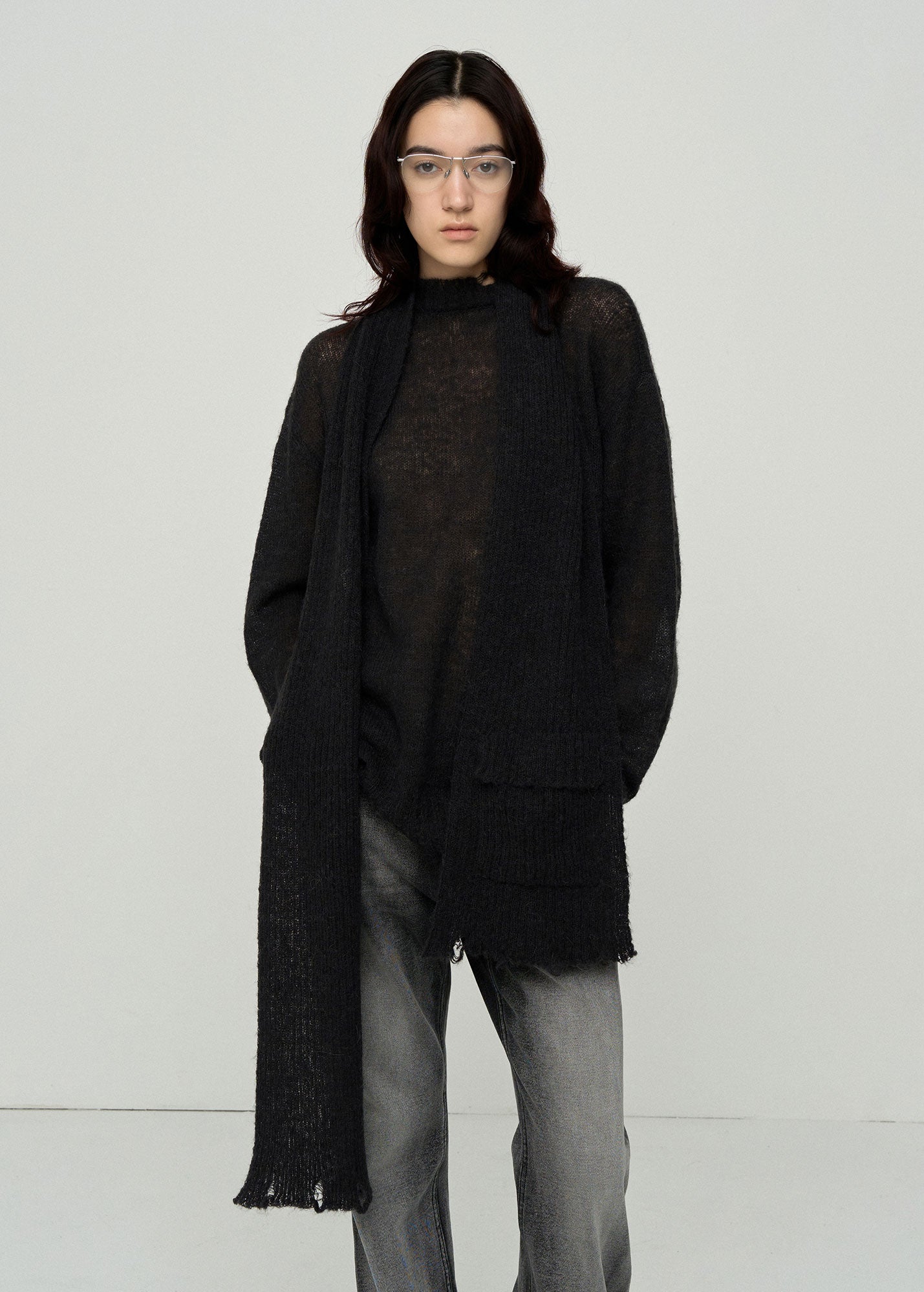 SEMI-SHEER DISTRESSED SWEATER WITH NECK WEAR / 2 Color