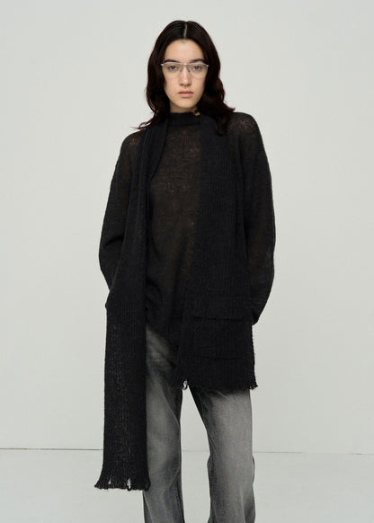 SEMI-SHEER DISTRESSED SWEATER WITH NECK WEAR / 2 Color