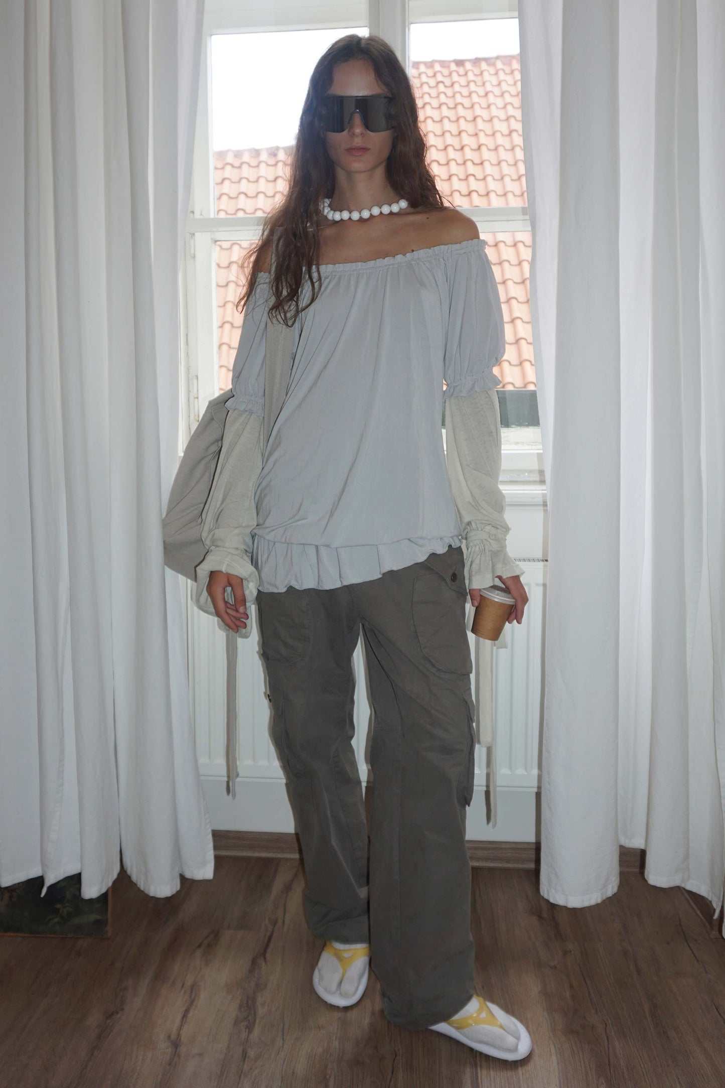 Soft Shirring Layered Tee Pale Gray