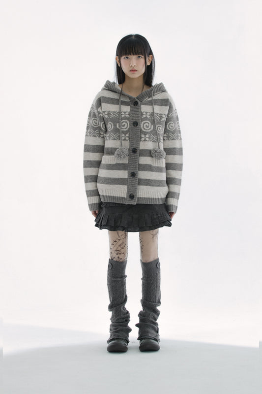 Angel wing hooded pom-pom cardigan (Brown)