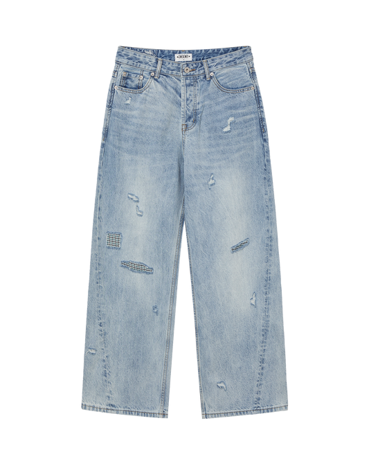 CHECK PATCHWORK DENIM PANTS [LIGHT BLUE]