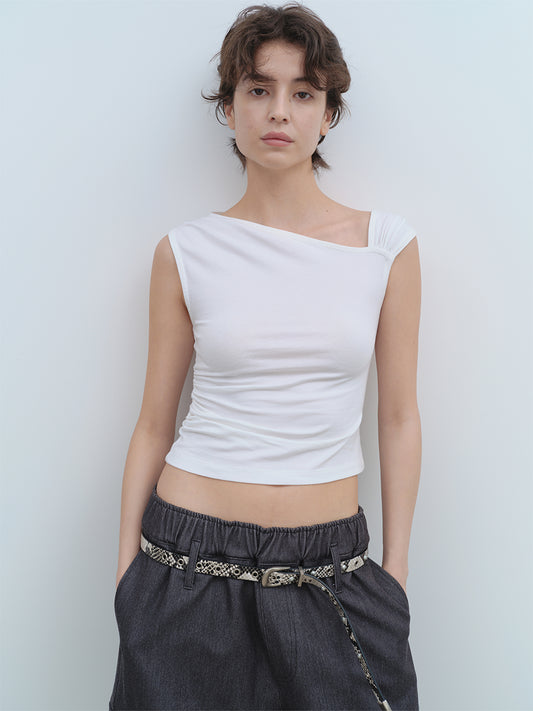 Asymmetric Shirring Top [White]