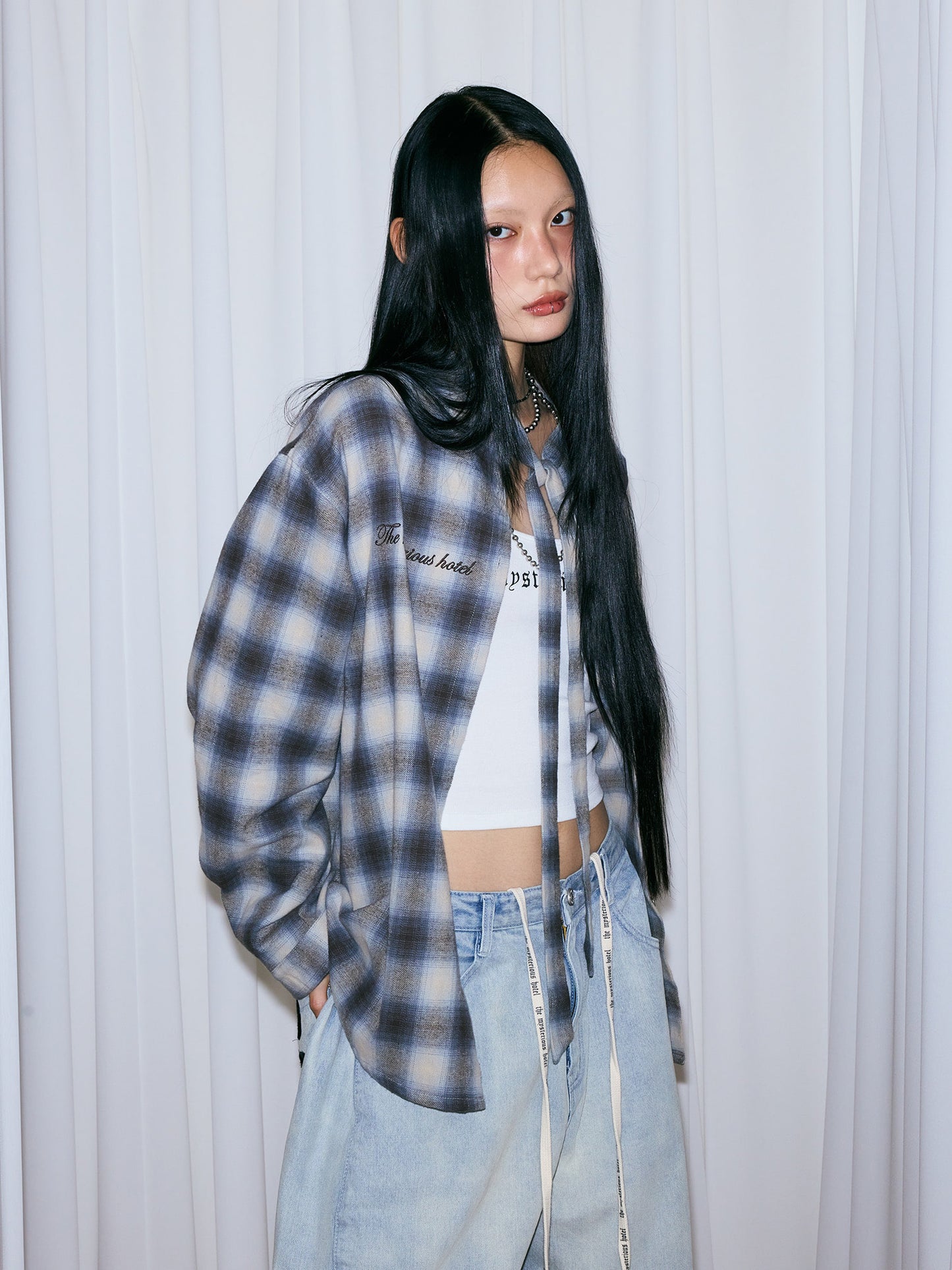 RIBBON TIE CHECK SHIRT