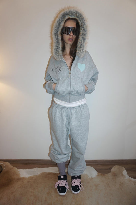 Faux Fur Trimming Hooded Zip-Up Melange Gray