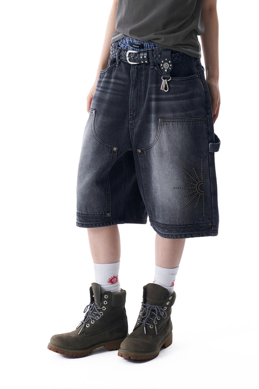 Washed Double Knee Bermuda Denim Pants (Black)
