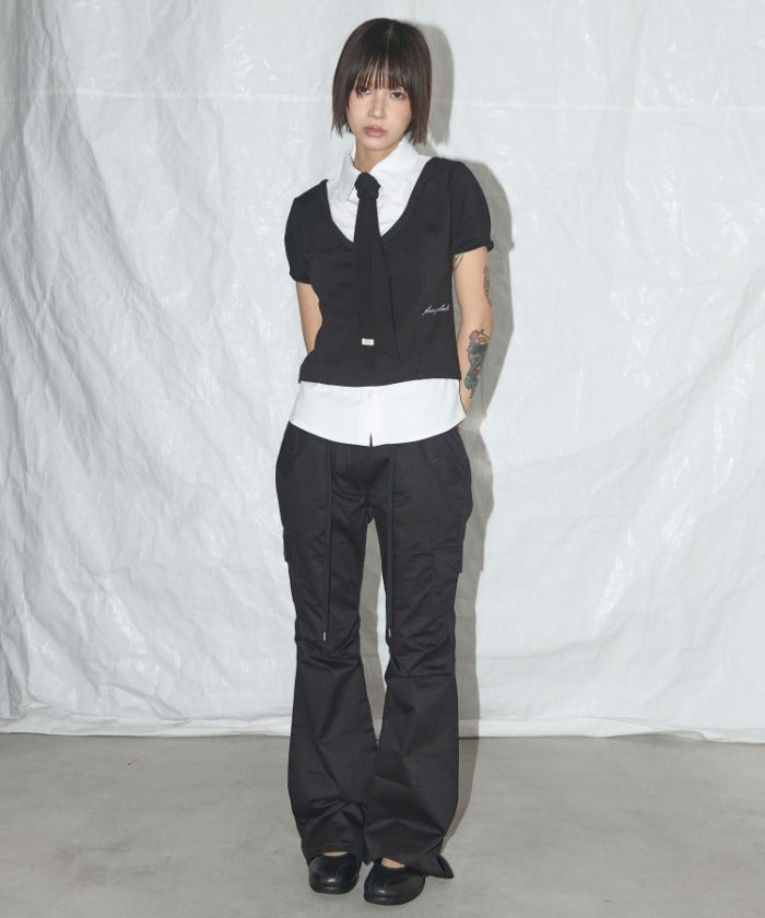 CARGO PINTUCK BOOTCUT PANTS (BLACK)