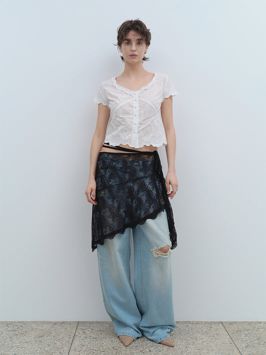 Lace Triming Wrap Skirt [Black]