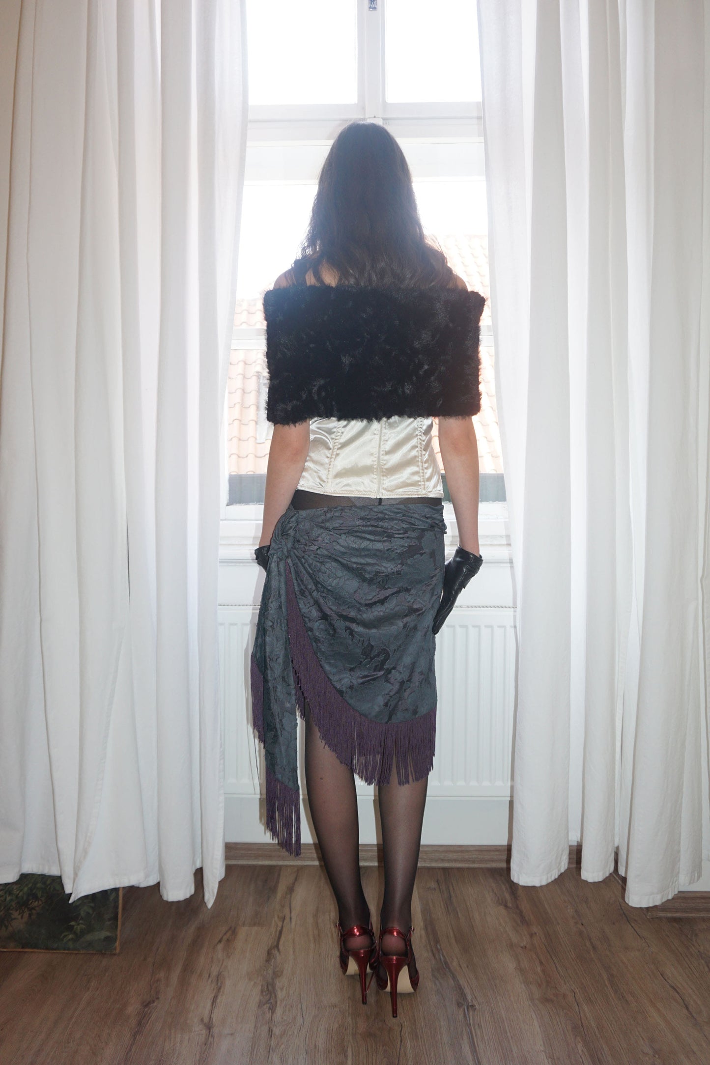 Fringe Tie Skirt Charcoal/Purple