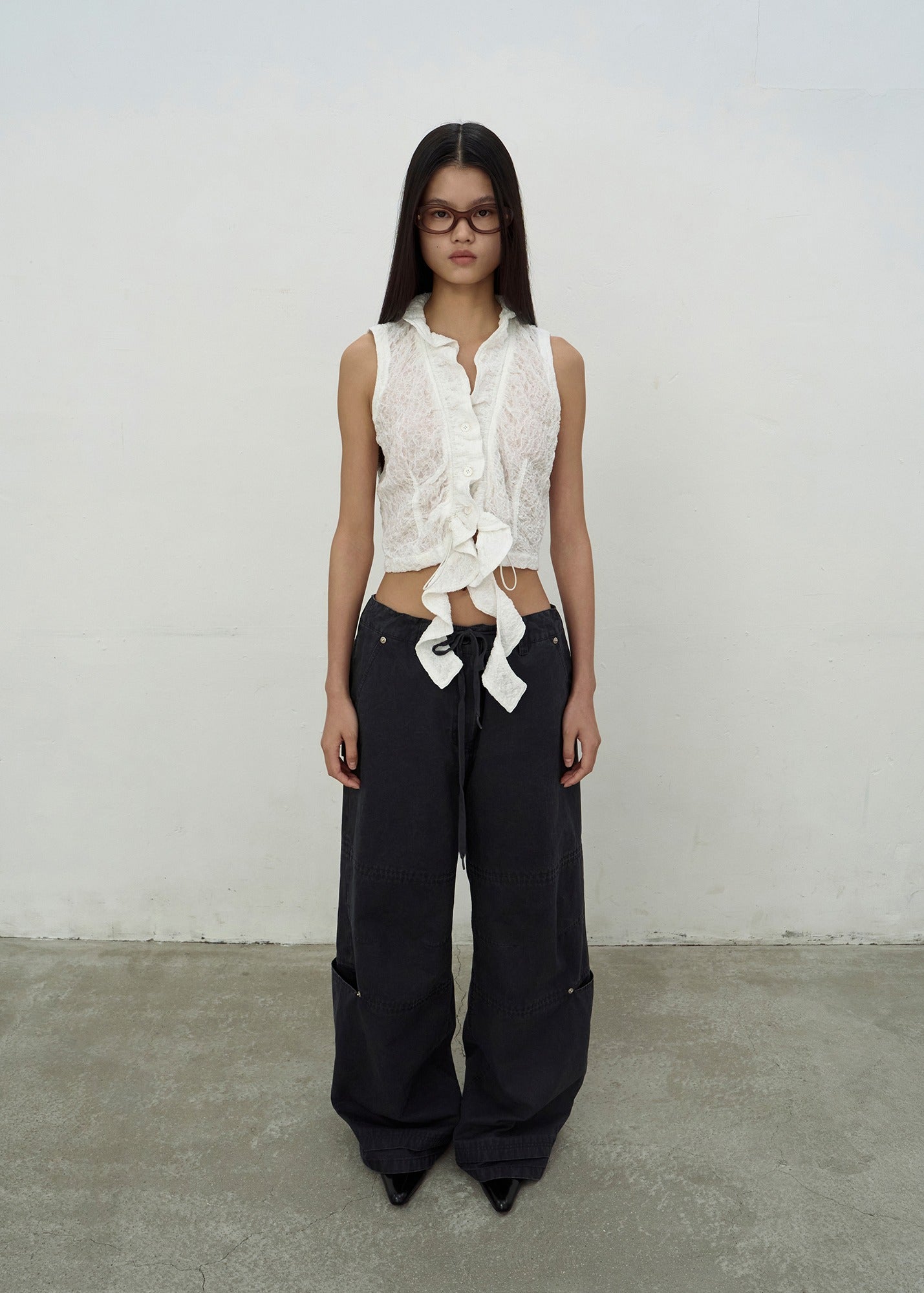 WASHED STRING WIDE-LEG TROUSERS (DARK GREY)