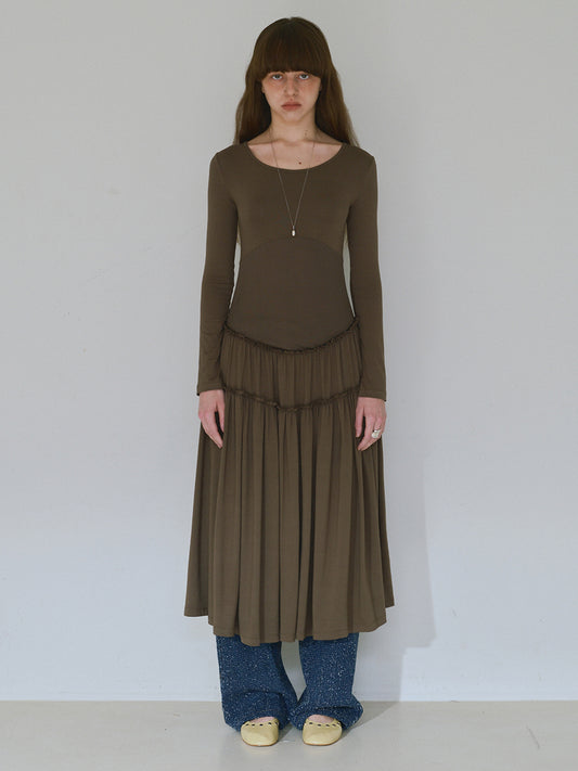 Jersey Shirring Maxi Dress [Brown]