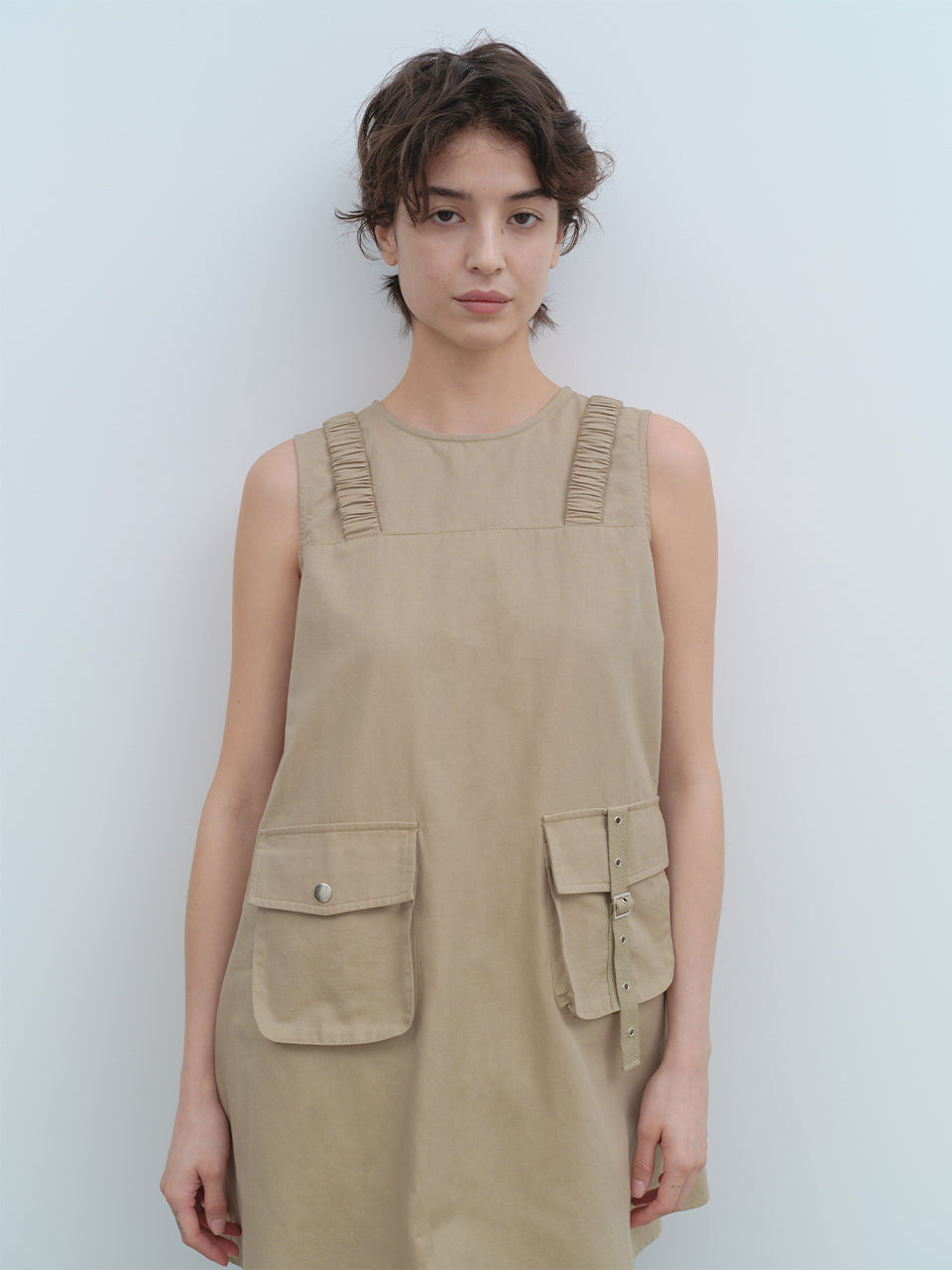 Buckle Strap Mini Dress [Beige]