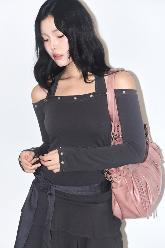 Flare eyelet off-shoulder dress Charcoal