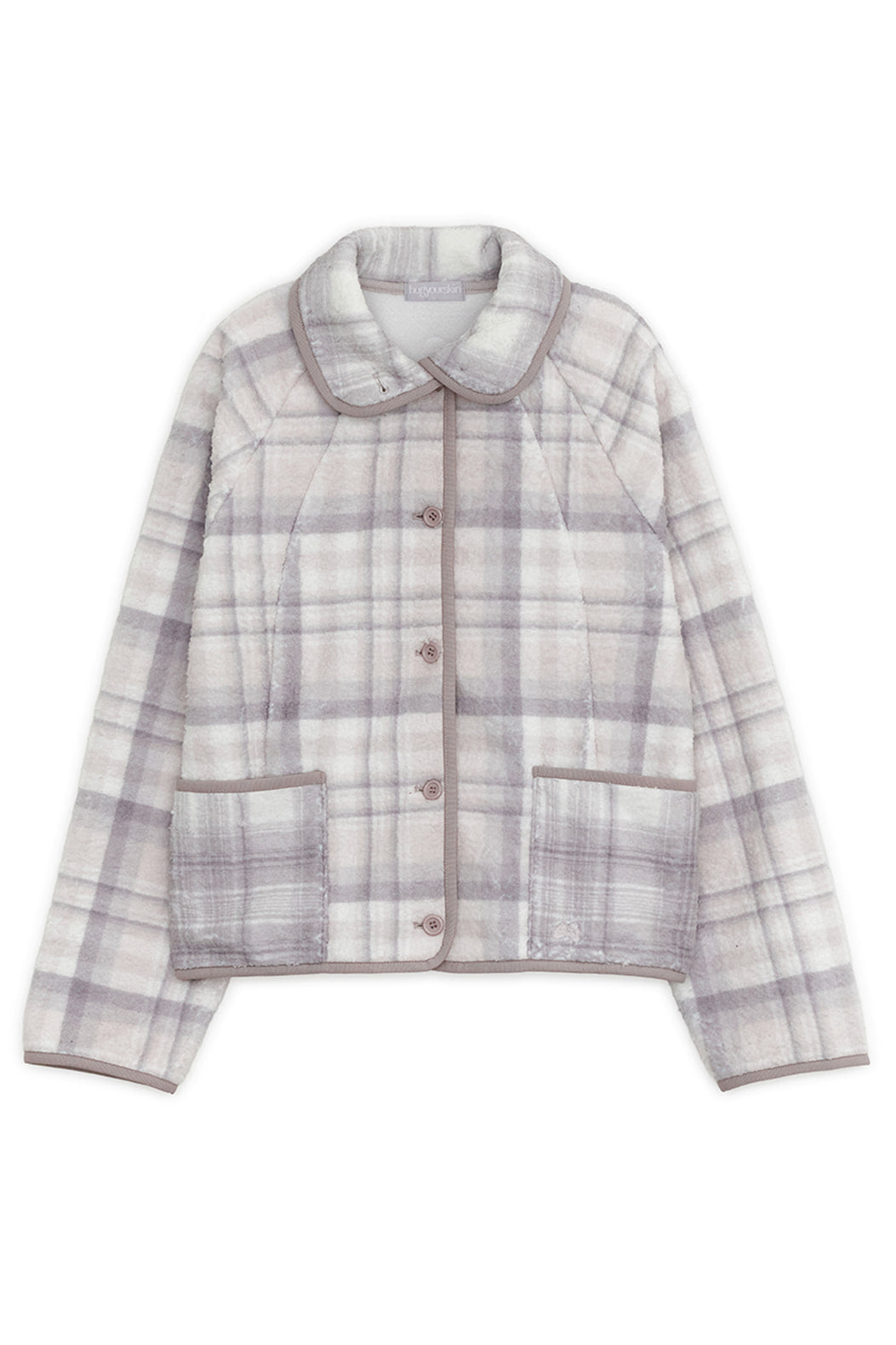 Round collar check fleece jacket (Pink gray)