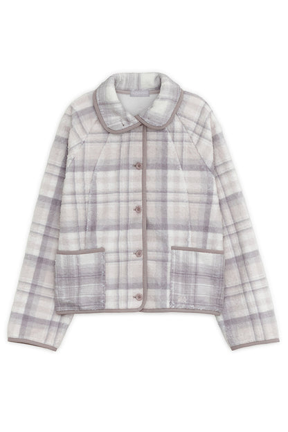Round collar check fleece jacket (Pink gray)