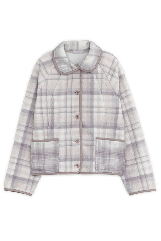 Round collar check fleece jacket (Pink gray)