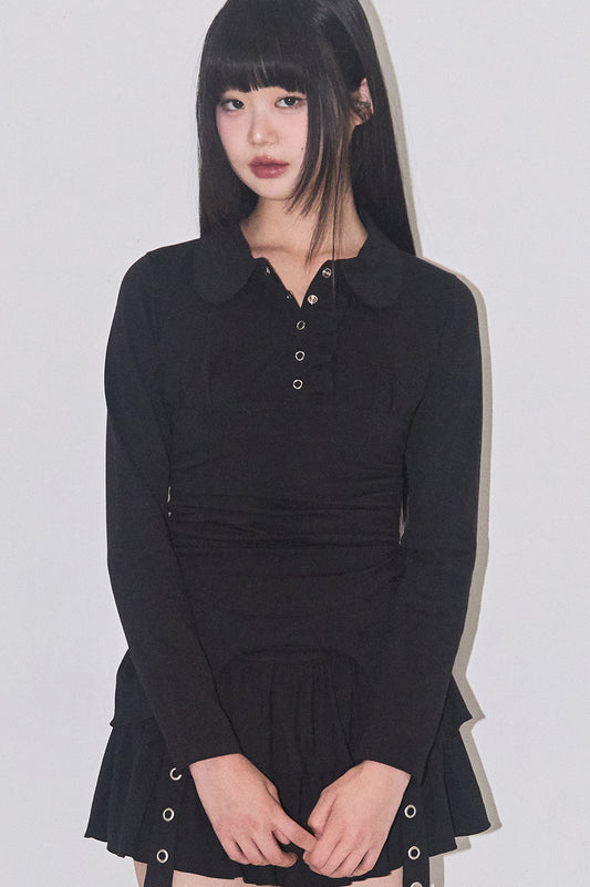 Collar Neck Shirring Top Black