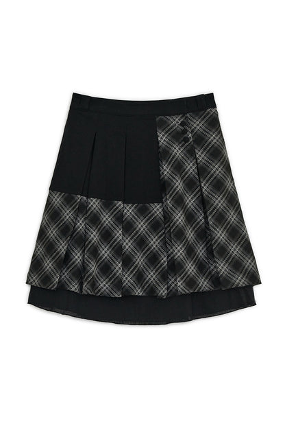 Check pleats midi skirt (Black)