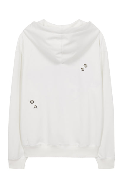 Check heart eyelet hooded zip-up / White