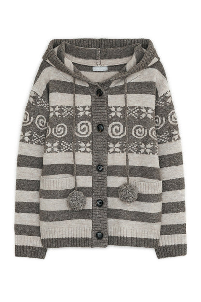 Angel wing hooded pom-pom cardigan (Brown)