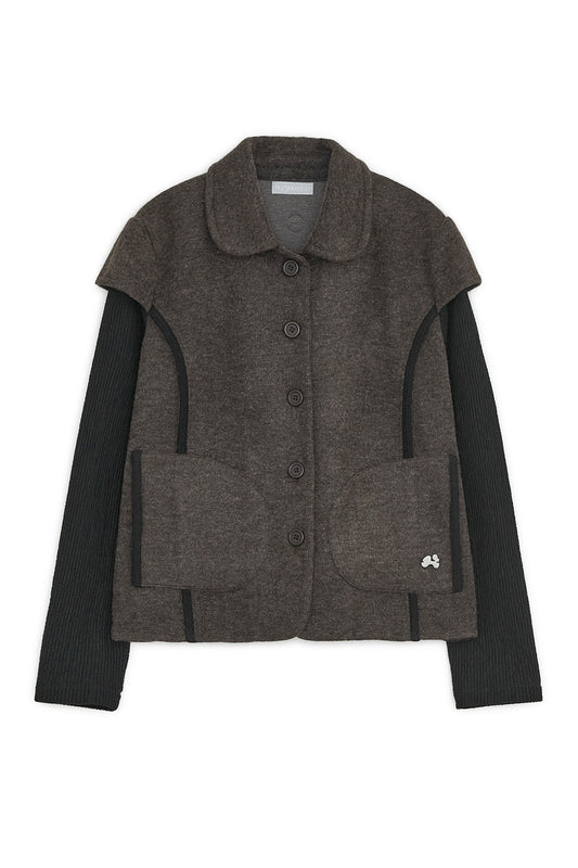 Round collar knit jacket (Brown)
