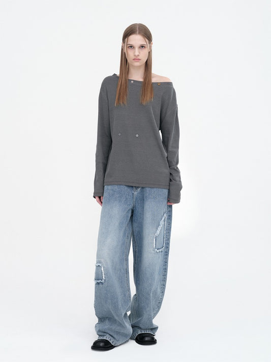 Cut Out Patch Wide Jeans [Mid Blue]