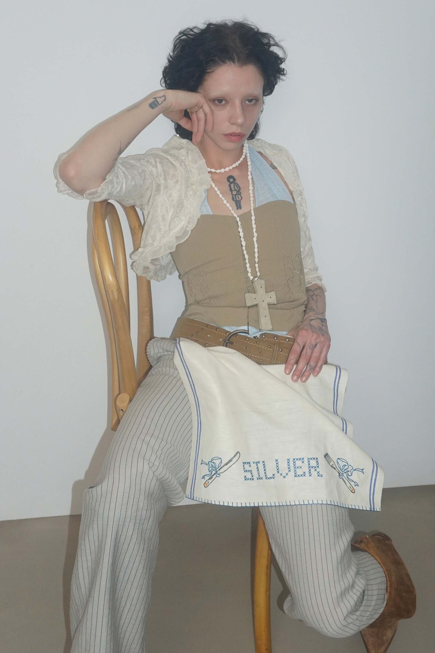 Farm Corset Halter Top / Beige/ sky blue