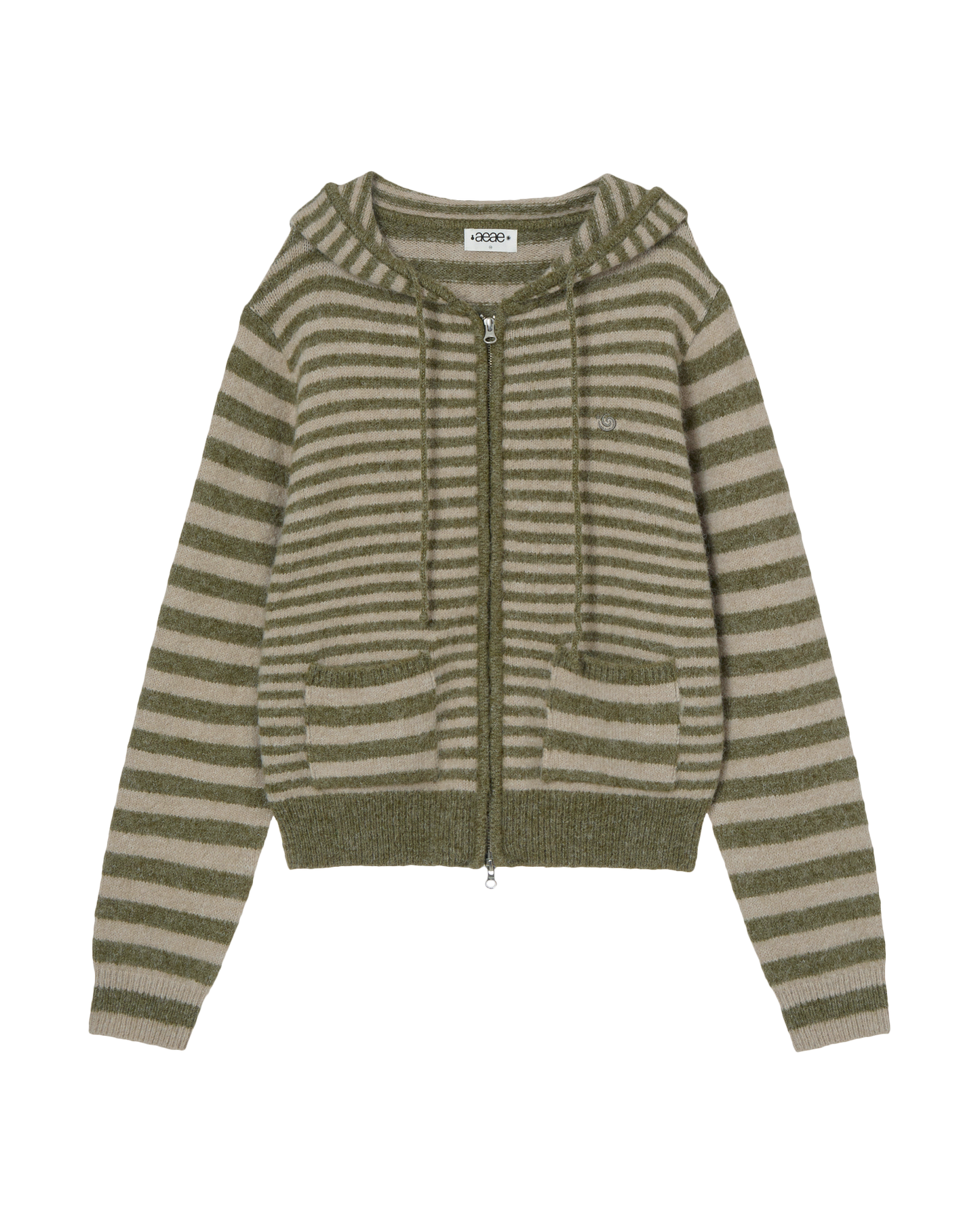 STRIPE HOOD KNIT ZIP UP [KHAKI]