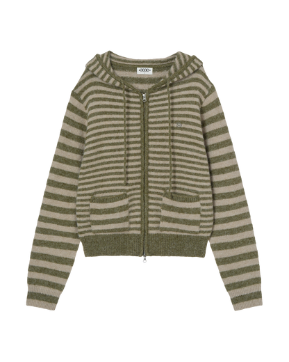 STRIPE HOOD KNIT ZIP UP [KHAKI]