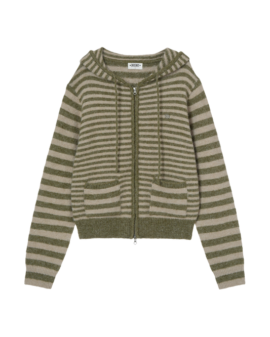 STRIPE HOOD KNIT ZIP UP [KHAKI]