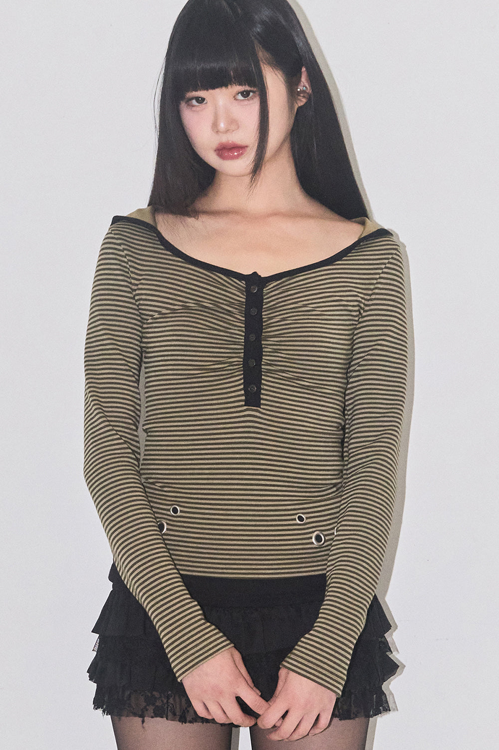 Layer stripe hoodie Khaki