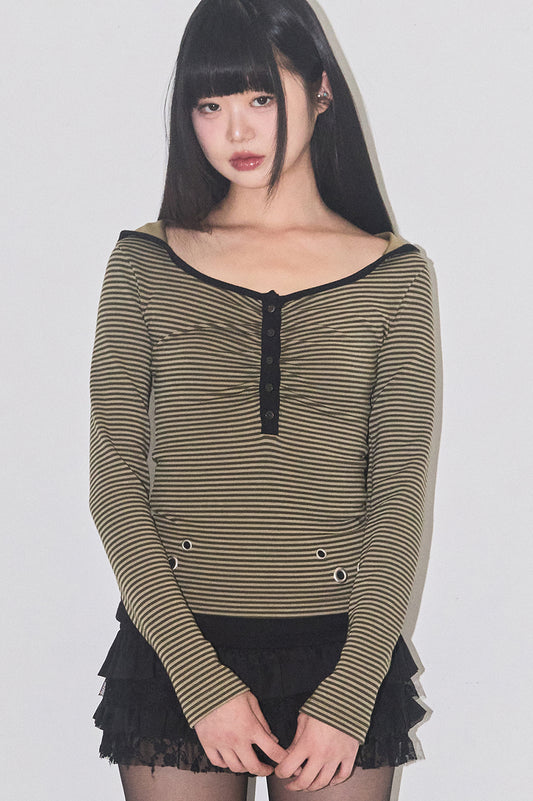 Layer stripe hoodie Khaki