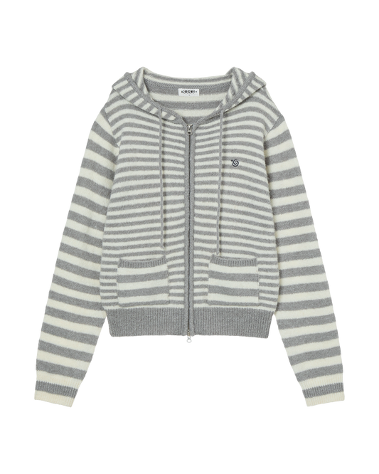 STRIPE HOOD KNIT ZIP UP [LIGHT GREY]