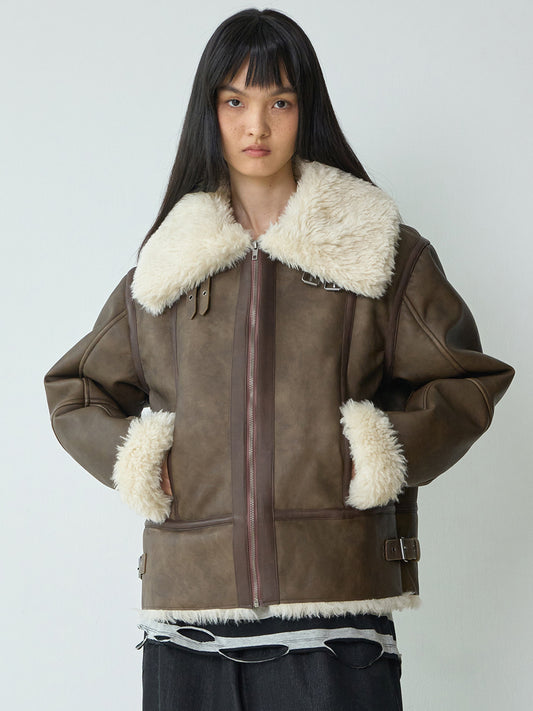 Fluffy Fur Shearling Jacket [Brown]
