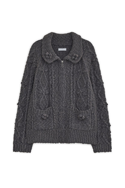 Popcorn knit zip-up (Charcoal)
