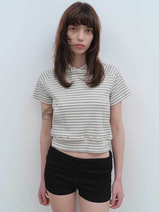 Ribbed Short Sleeve Hoodie [Melange Gray]