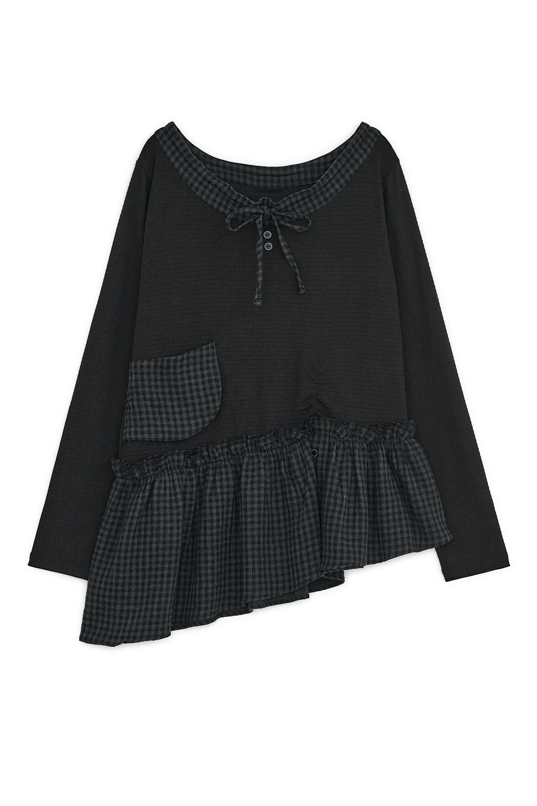 Check shirts layered knit top (Black)