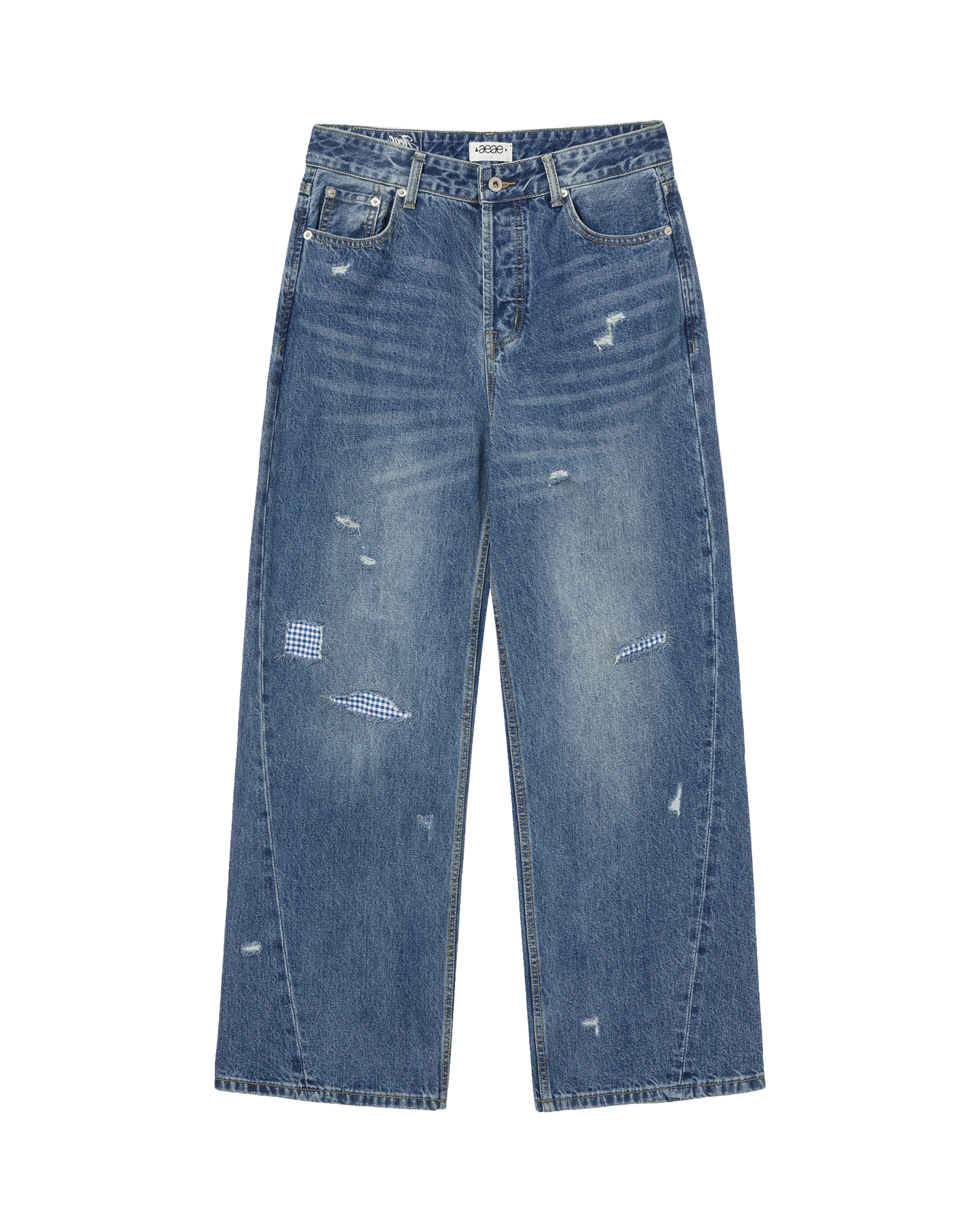 CHECK PATCHWORK DENIM PANTS [MID BLUE]