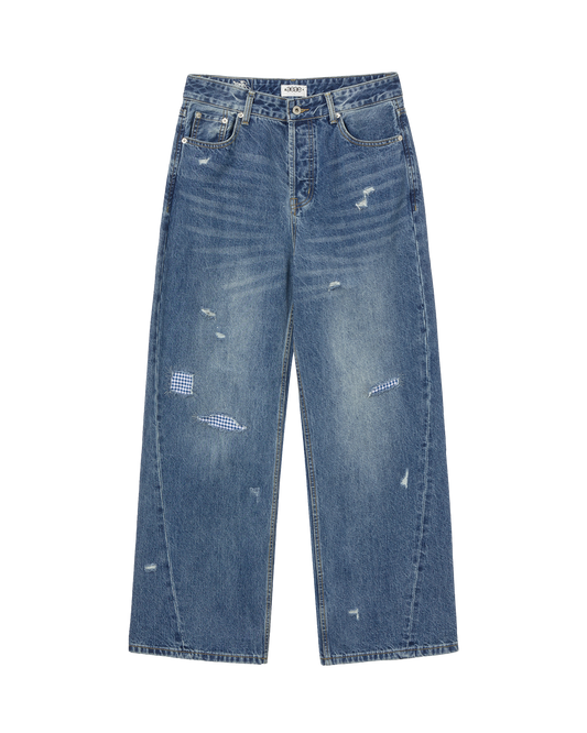 CHECK PATCHWORK DENIM PANTS [MID BLUE]