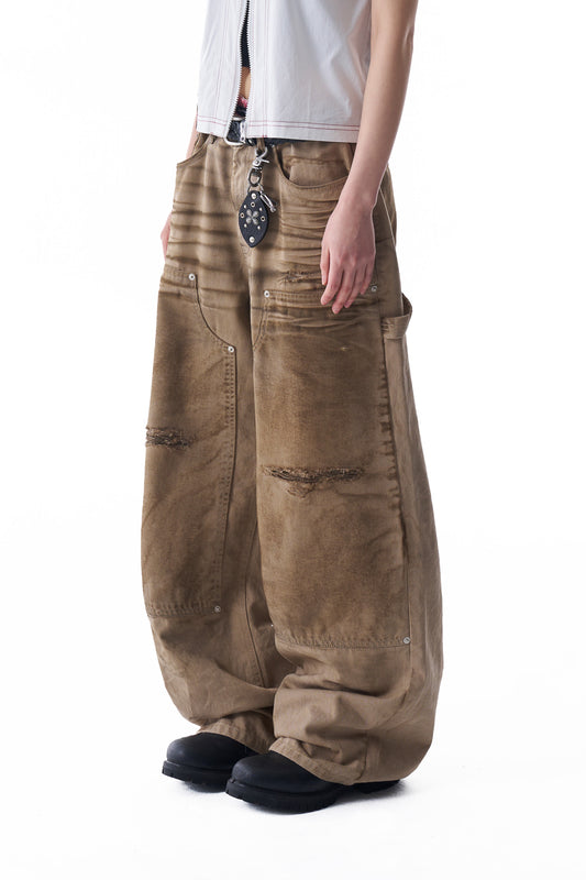 [5.13 예약배송] Dirty Washed Double Knee Cotton Pants (Beige)