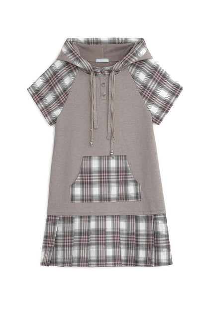 Check pleats hooded dress (Pink)