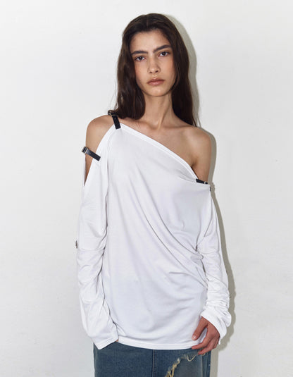 BUCKLE OFF-SHOULDER JERSEY TOP / 3 Color